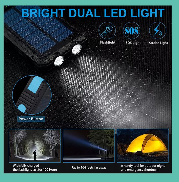 1o000mAh Solar Power Bank Chargeur de batterie 2USB LED étanche pour téléphone cellulaire