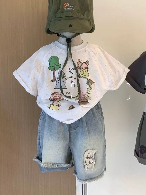 T-shirt dessin animé et short en denim à deux pièces