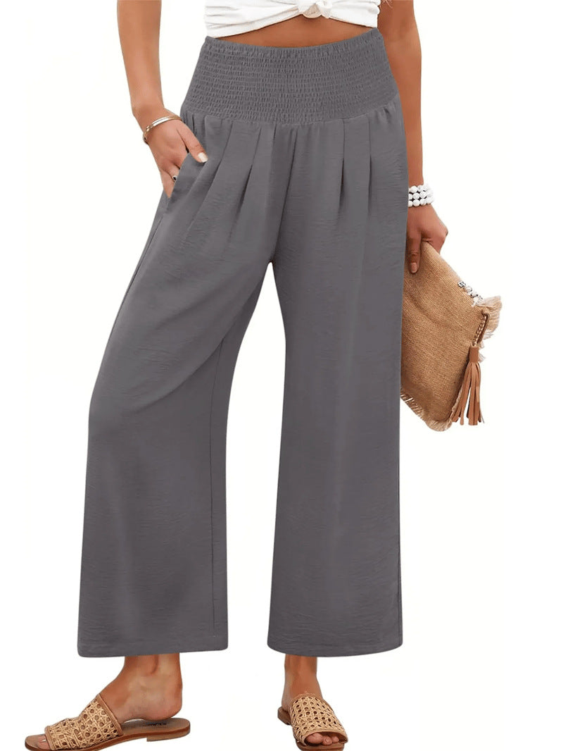 Printemps et automne Couleur solide Pantalons de femmes broyés haute taille taillés droit-leg Casual