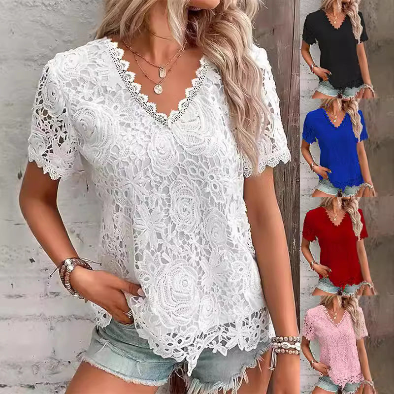 La mode européenne et américaine pour femmes Top polyvalent T-shirt à manches courtes en dentelle sexy