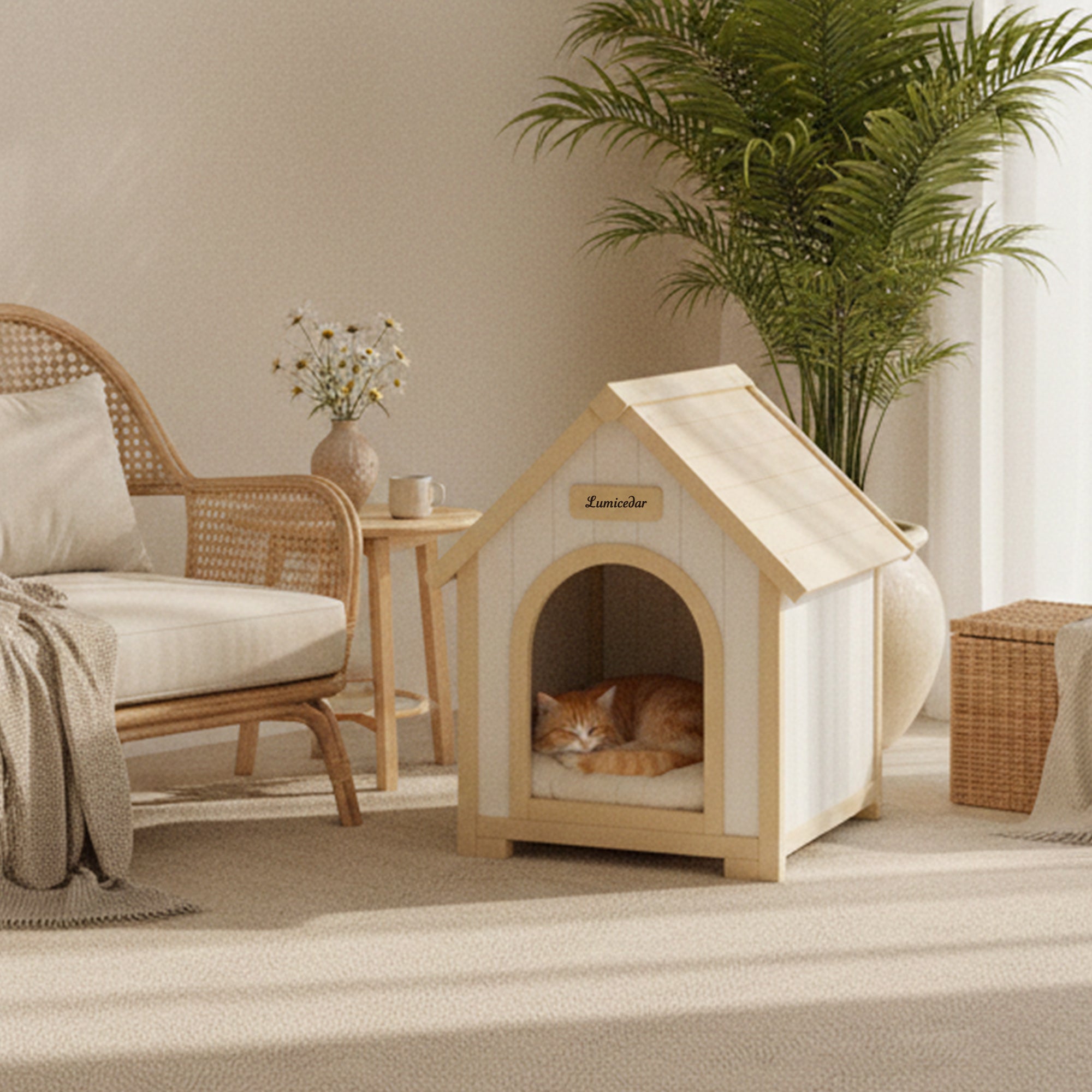 Maison de chien en bois moderne avec coussin EVA – Cèdre solide Pet House pour petits chiens & C