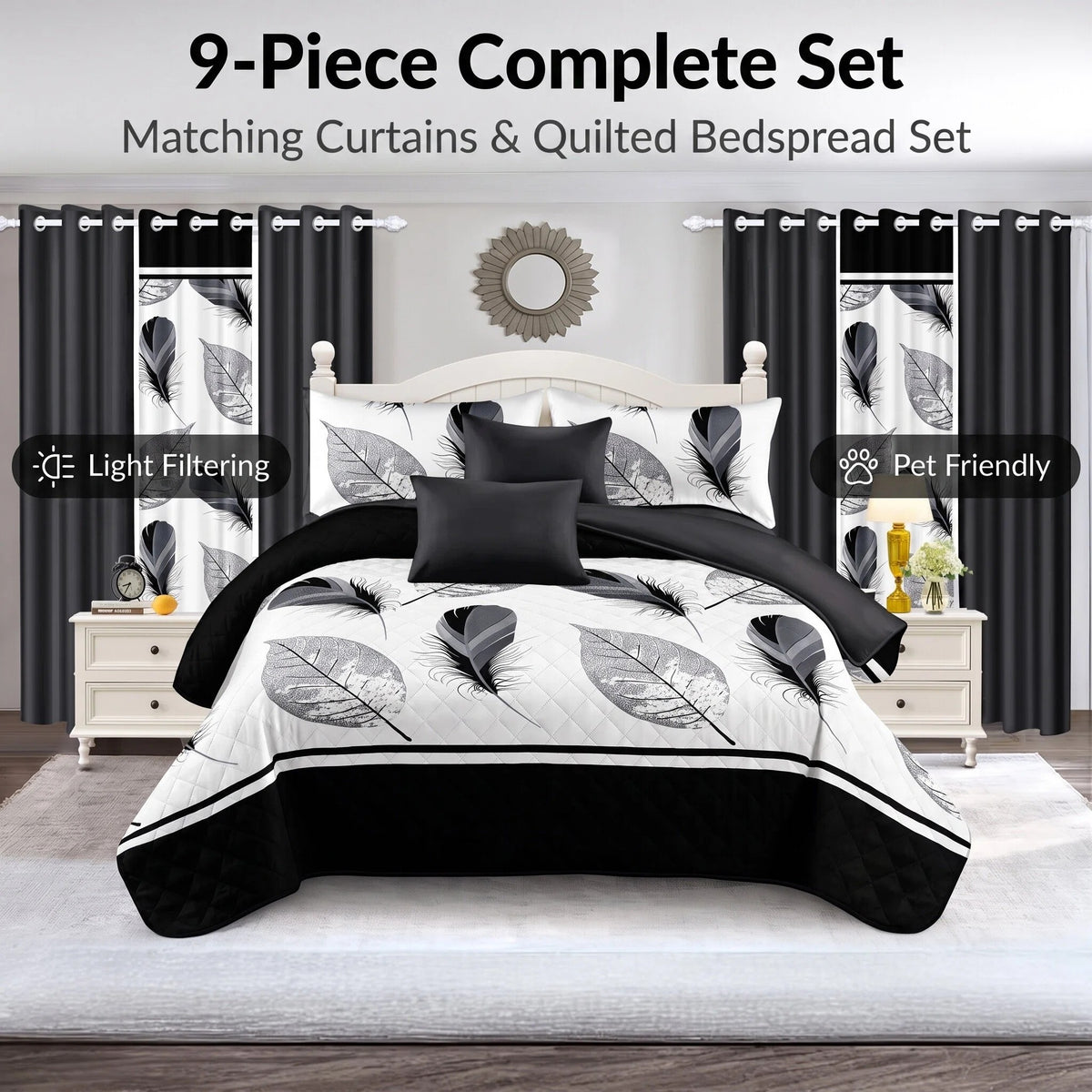 9-Piece noir et plume blanche couvre-lit et jeu de rideau