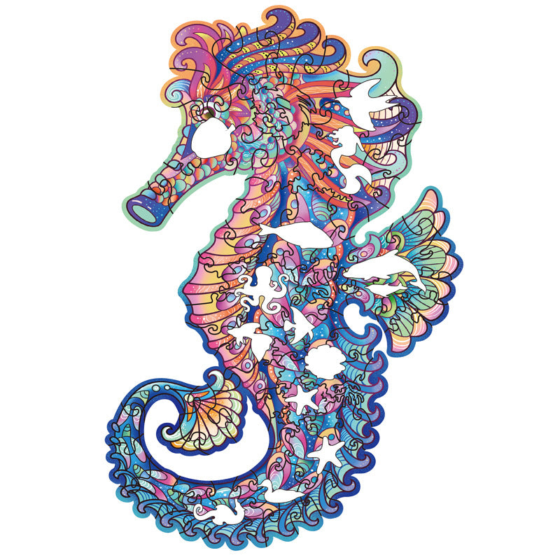 Puzzle en bois d'animal en forme d'hippocampe en trois dimensions irrégulière