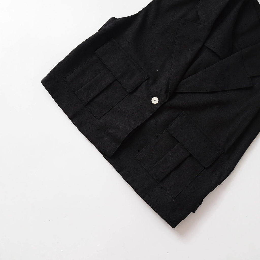 Women Retro Lapel Button Vest Black Pocket Sleeveless Waistcoat