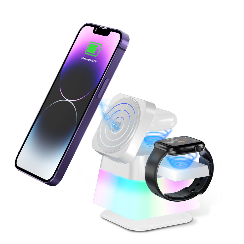 4 En 1 Éclairage coloré rotatif Support chargeur sans fil pour téléphone 15 14 13 12 Pro Max 8