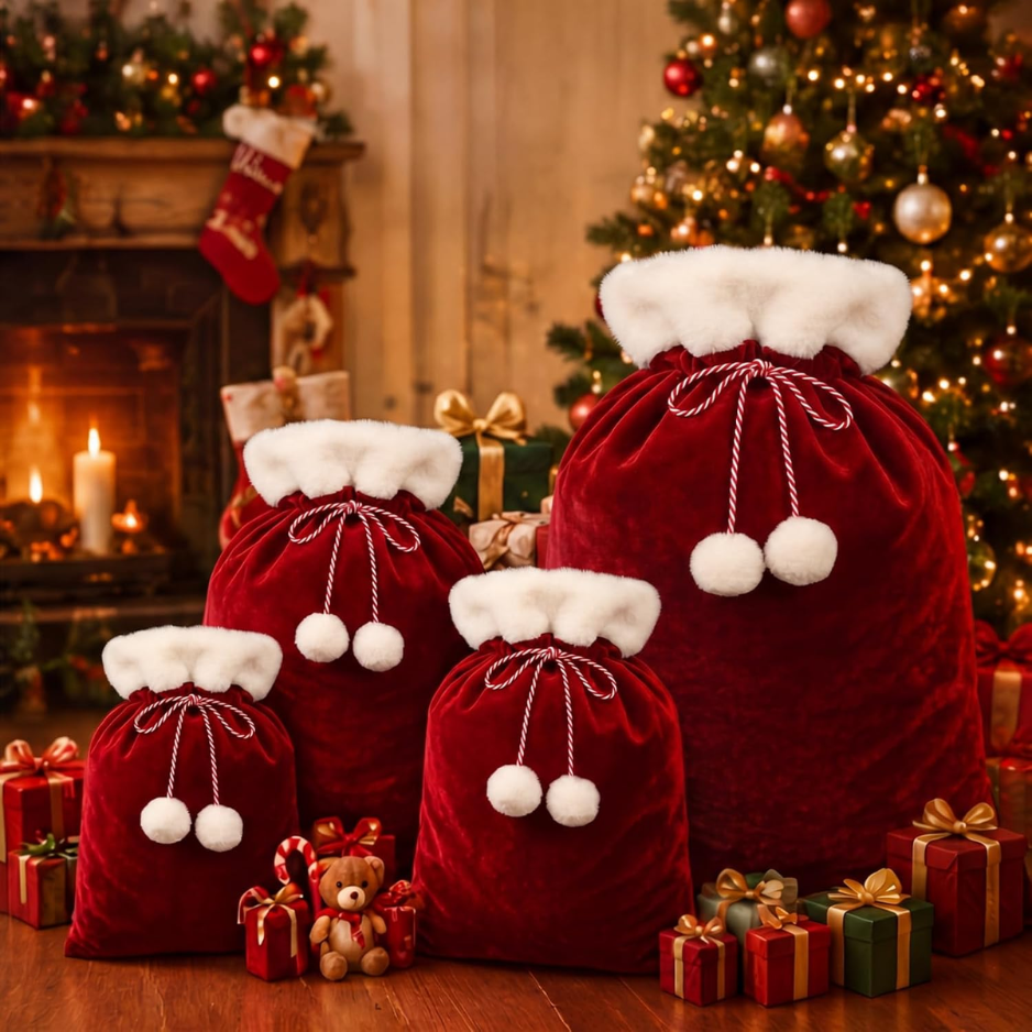 4 Pcs de Noël Grands Sacs Cadeaux Santa Sacs à Velours Drawstring