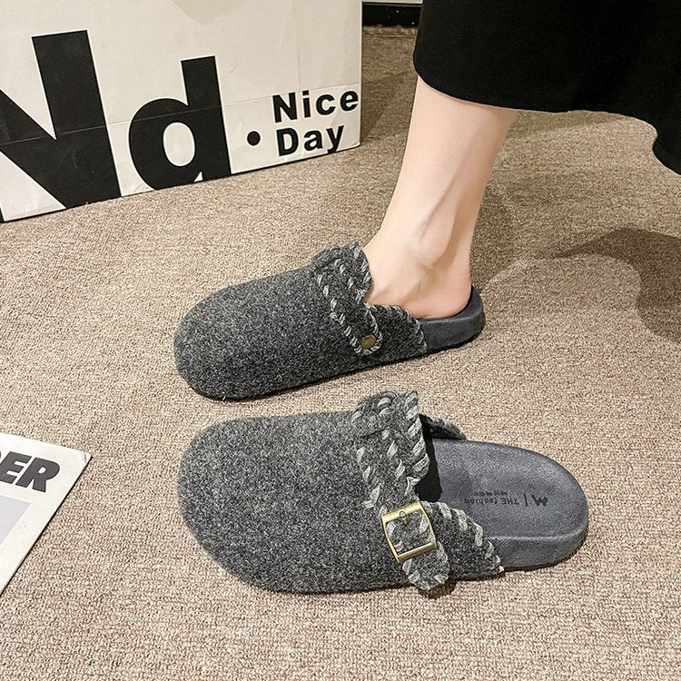 Femmes Laine de base épaisse Birken demi-paquet Pantoufles Buckle Strap Feutre Suede chaud Furry Coton