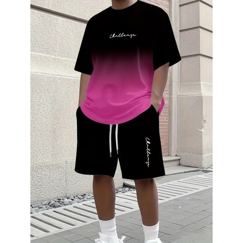 Gradient Lettre 3D numérique impression T-shirt et shorts ensemble hommes tendance motif deux pièces Outf