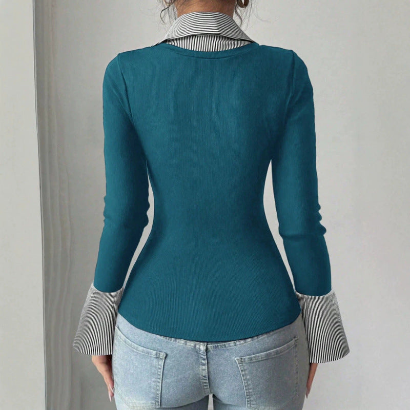 Lapel mode haut casual et chic tricoté avec manches longues