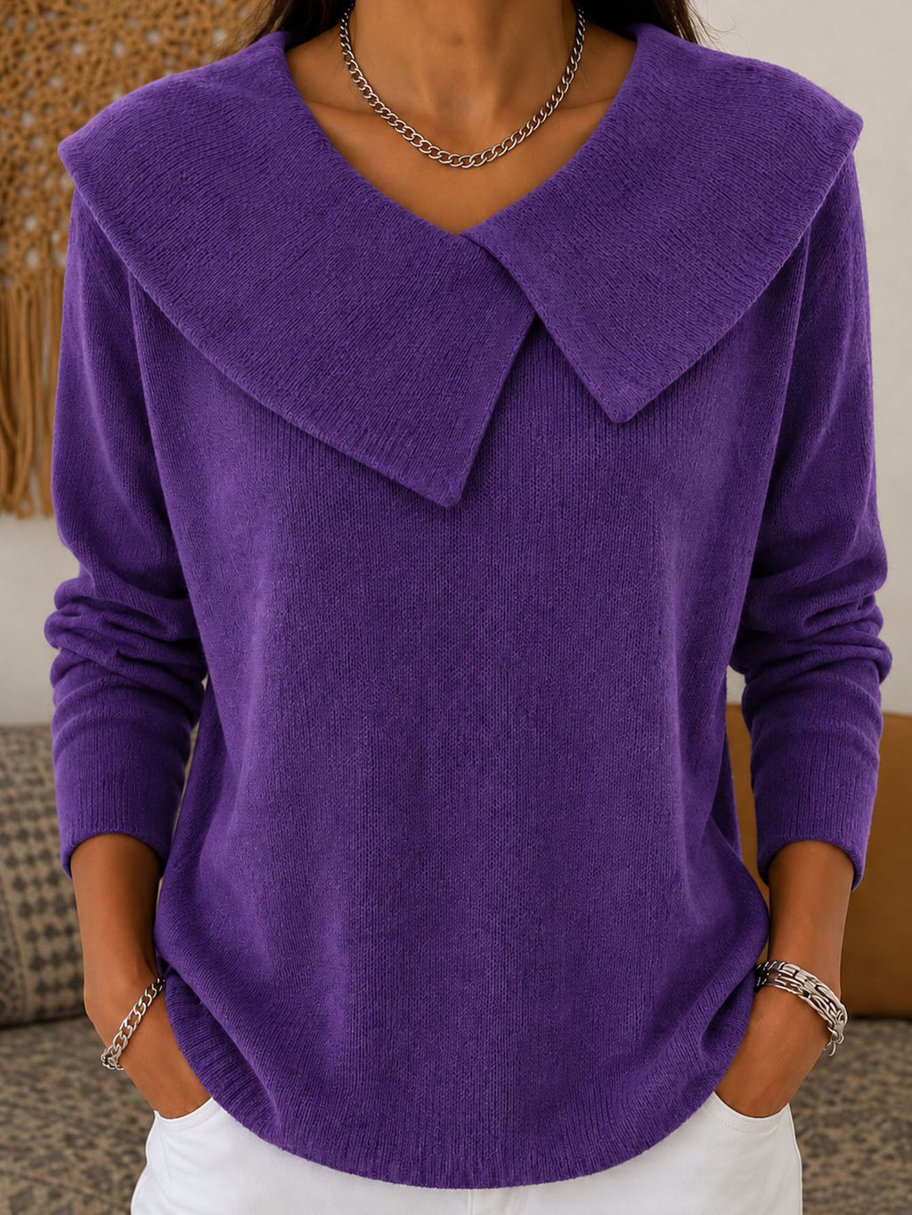 Slim-fit col V Sweater Versatile Solid-color Knit Top