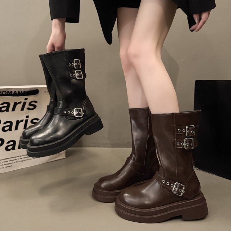 Femmes Mode Bottes souple en cuir ceinture boucle talon plat Western Cowboy Bottes été rétro R