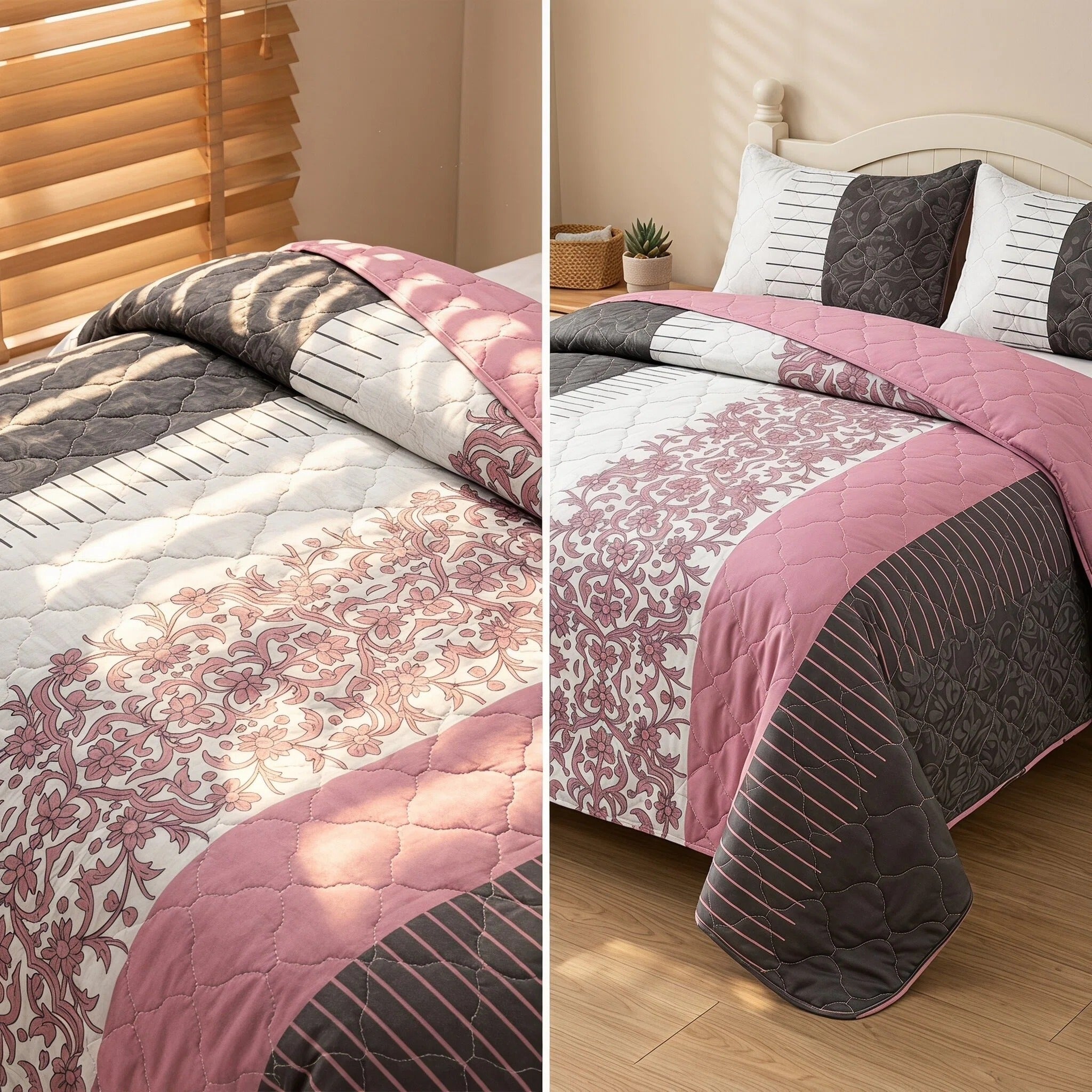3-Piece noir blanc et rose Floral couvre-lit matelassé pour le roi de Californie