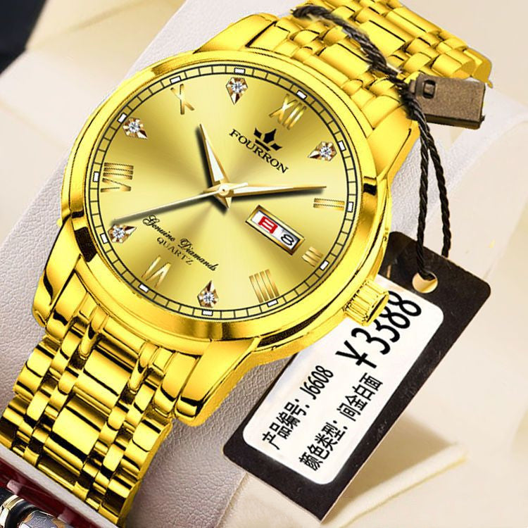 Double calendrier lumineux Quartz acier inoxydable Imperméable montre homme avec montre