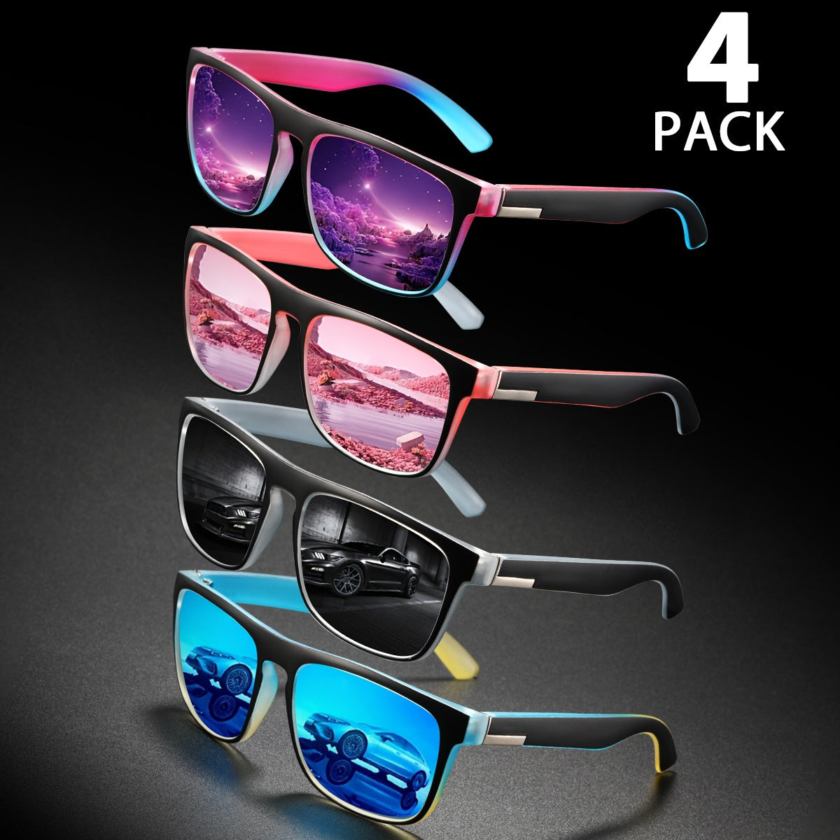 4 Pack Hommes Lunettes de soleil carrées Set Miroir réfléchissant Verre Protection UV400 Lunettes de soleil Ligh