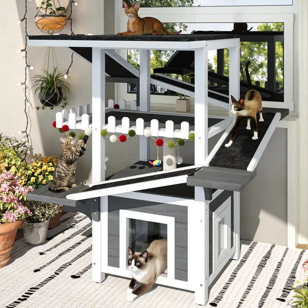 4 niveaux Outdoor Cat House Weaterproof Cat Tree Tower avec toit imperméable et 2 portes