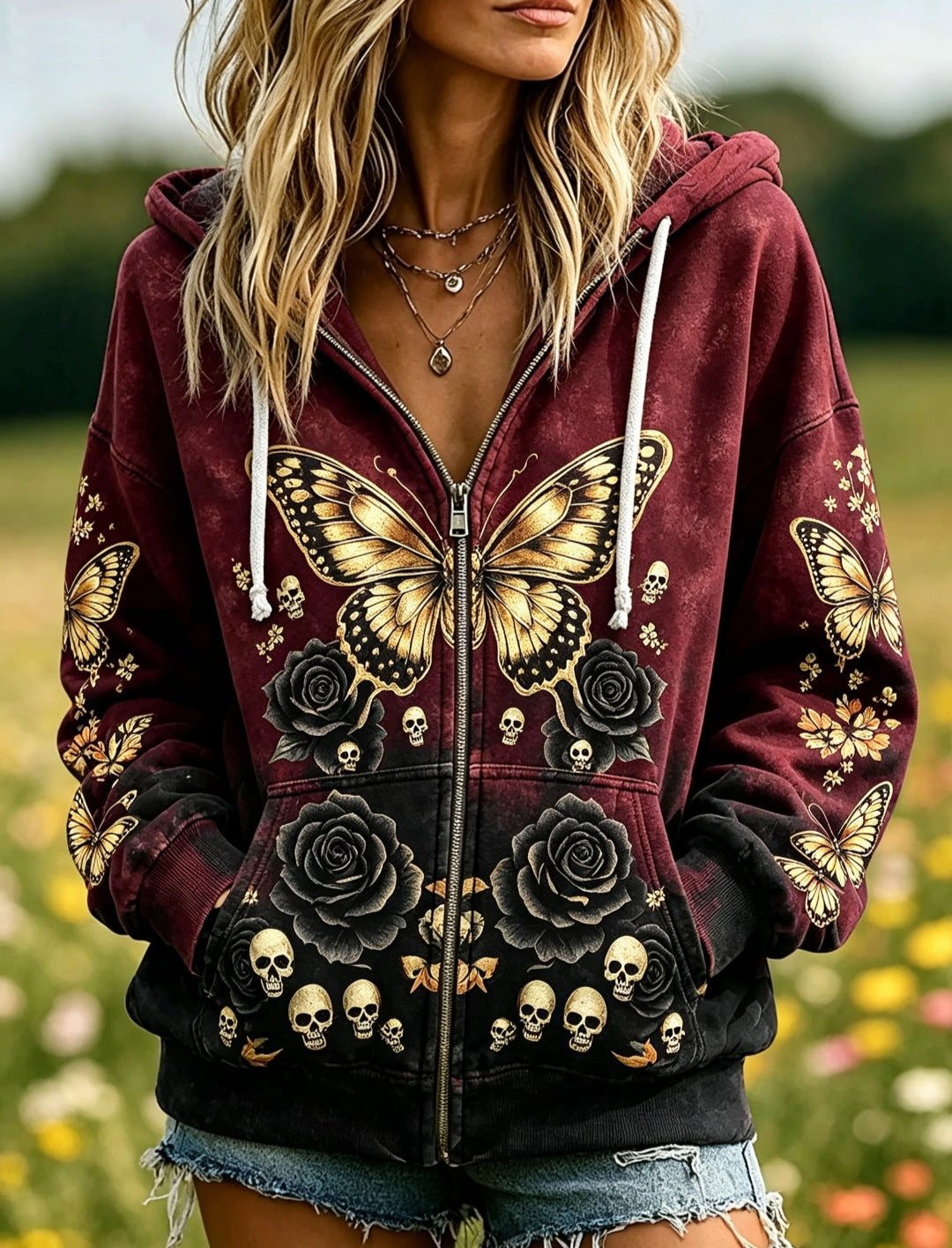 European And American Style Halloween à capuche Cardigan Femme Top Creative Skull Floral Wi