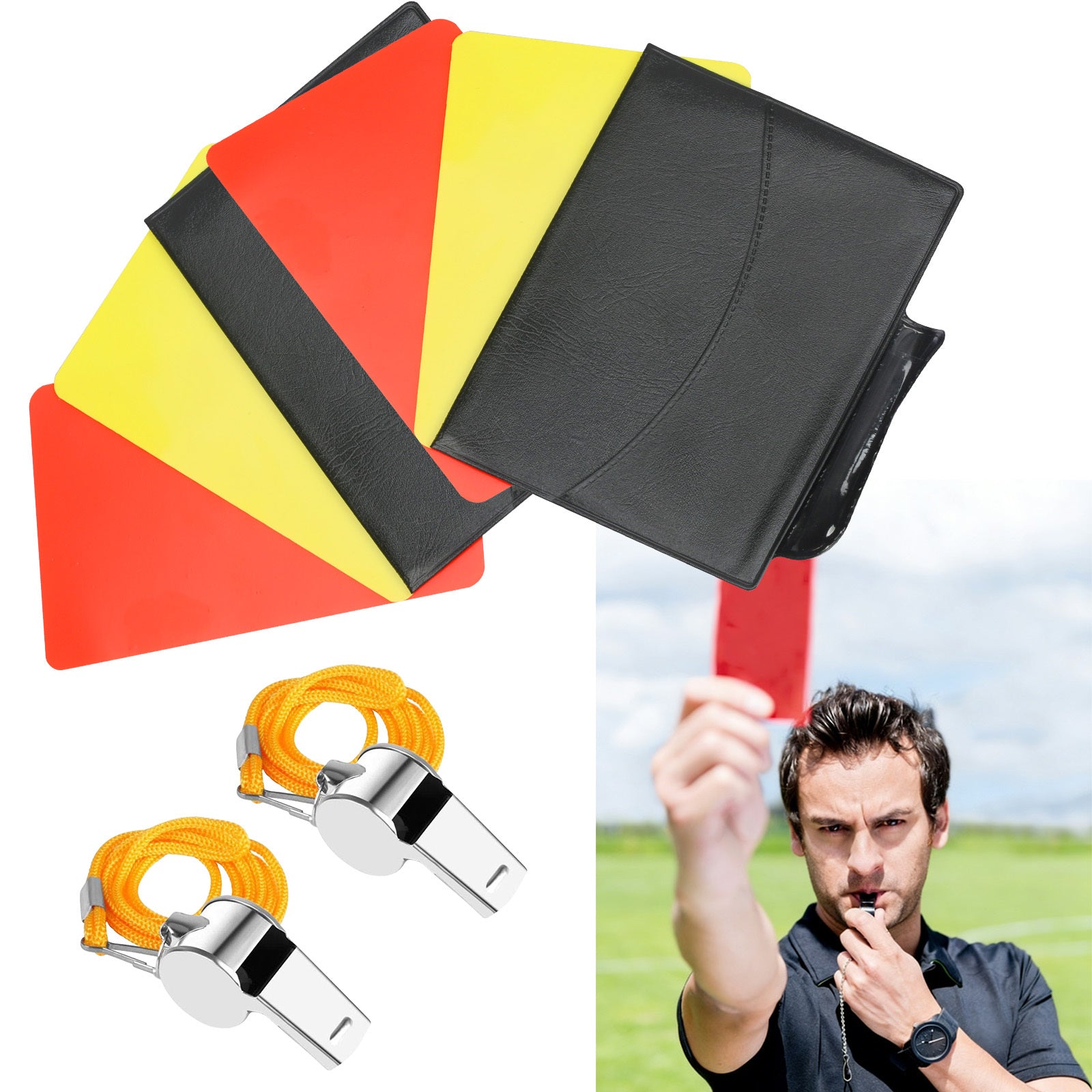 Ensemble d'arbitres – 2 sifflets métalliques + 2 carnets de notes pour les sports et les compétitions – Accessoire d'arbitres