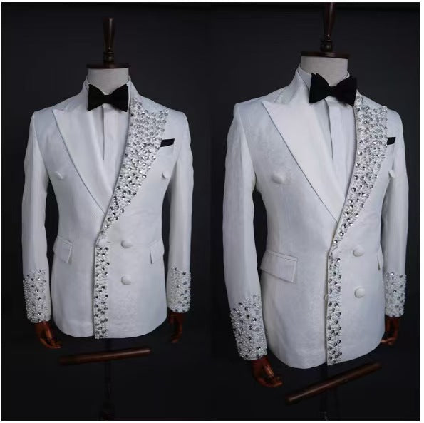 Jacquard Peak Lapel Trim Strass Breasted Double Tuxedo Ensemble de costumes à deux pièces