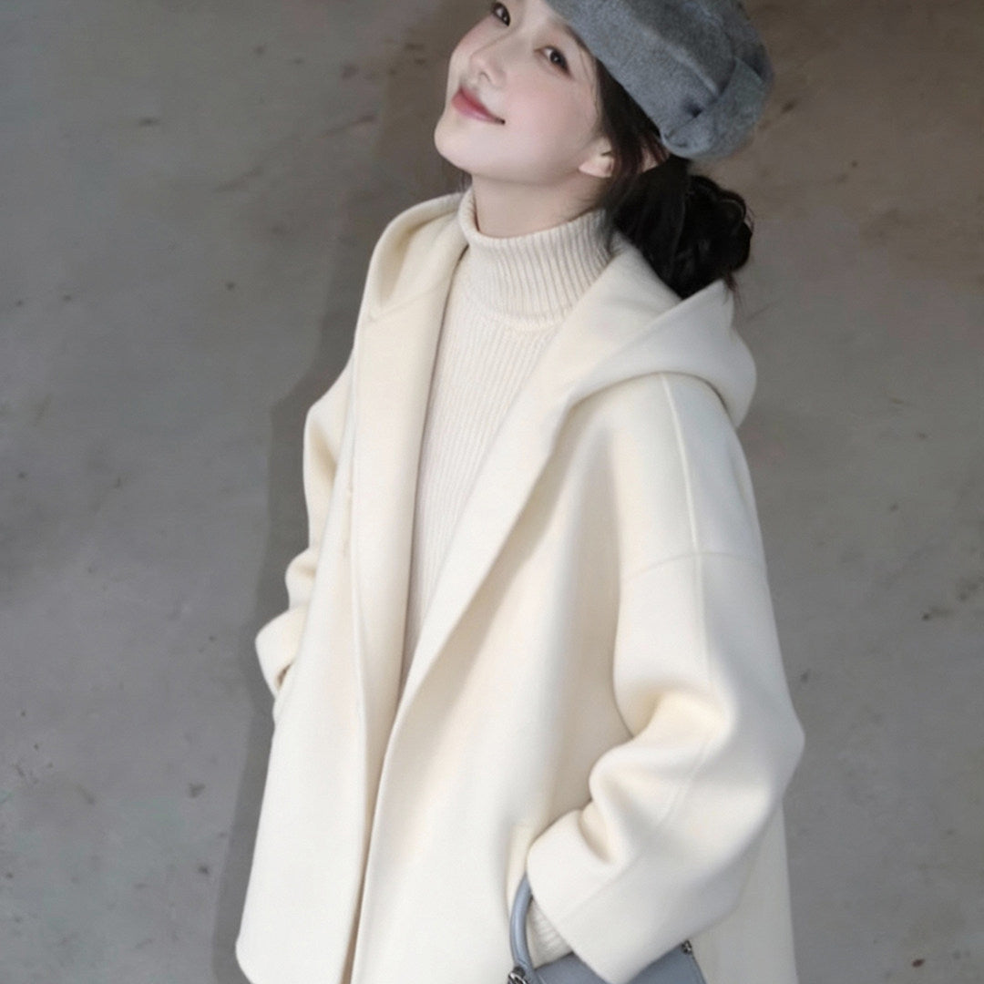 Manteau de laine à capuche blanche à double face pour femmes