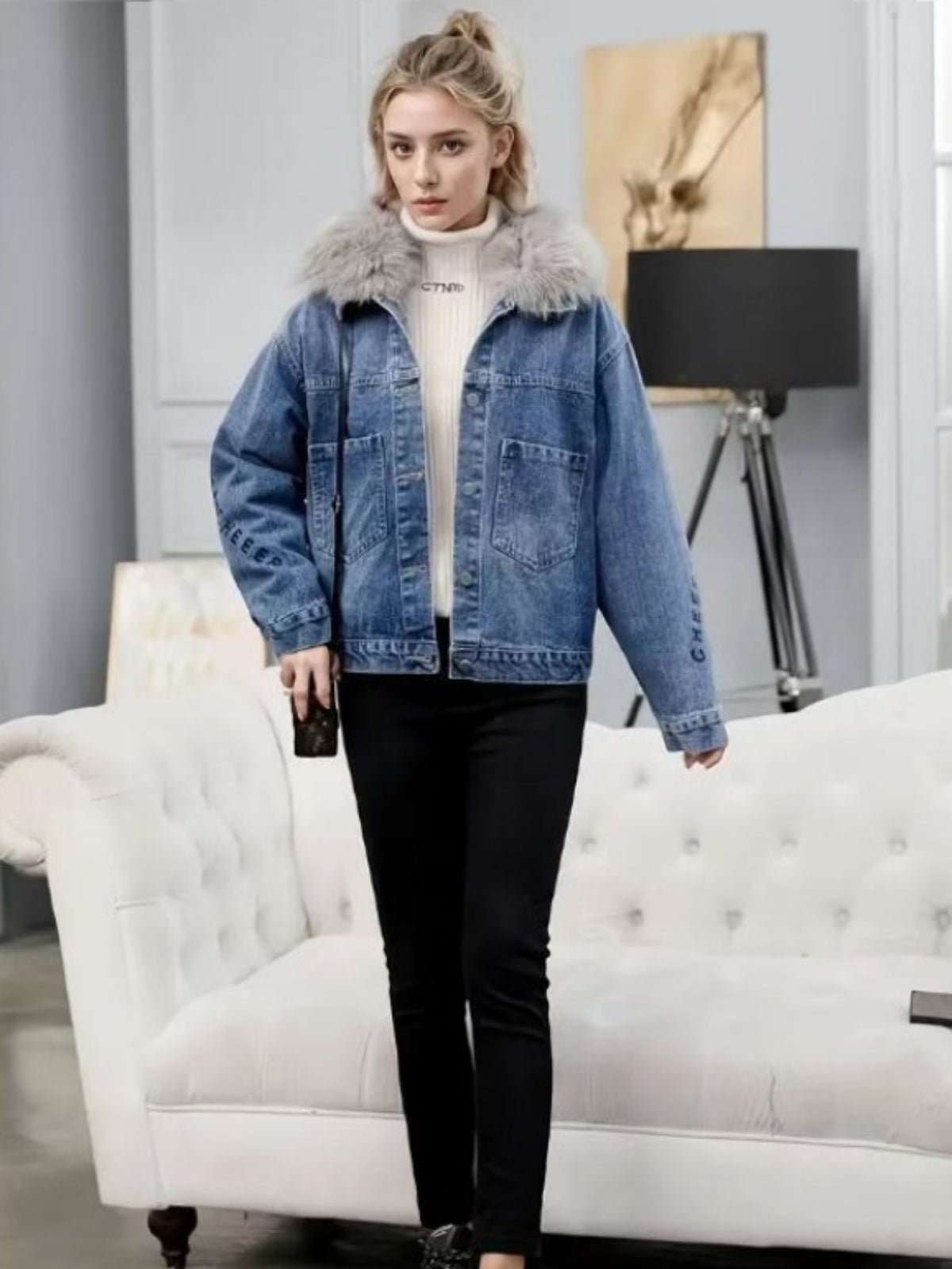 Veste de denim doublée de polaire Femmes chaud Hiver Faux Fur Collar Oversize Jean Veste prête