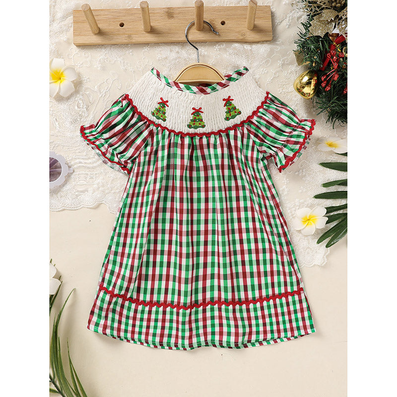 Bébé enfant Bébé Filles Robe de Noël Manche courte Arbre de Noël Brodé Plaid Ca