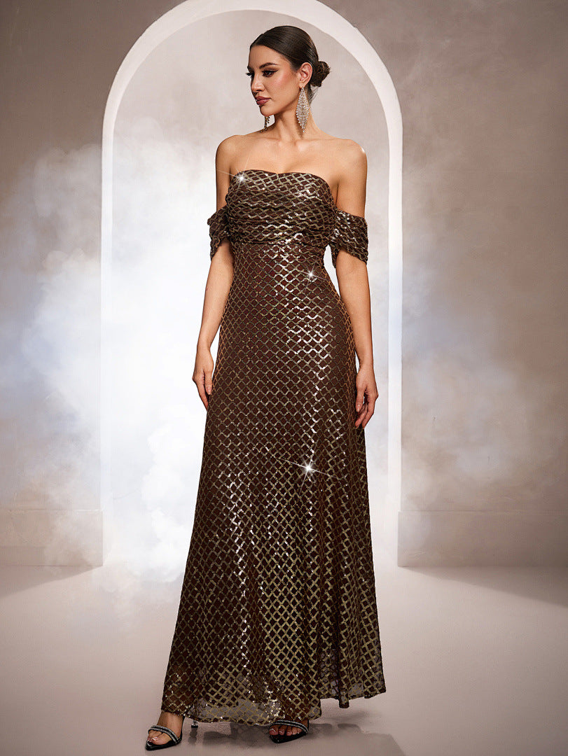 Sans manches Hors-l'épaule Bodycon Sequined A-line Gown du soir