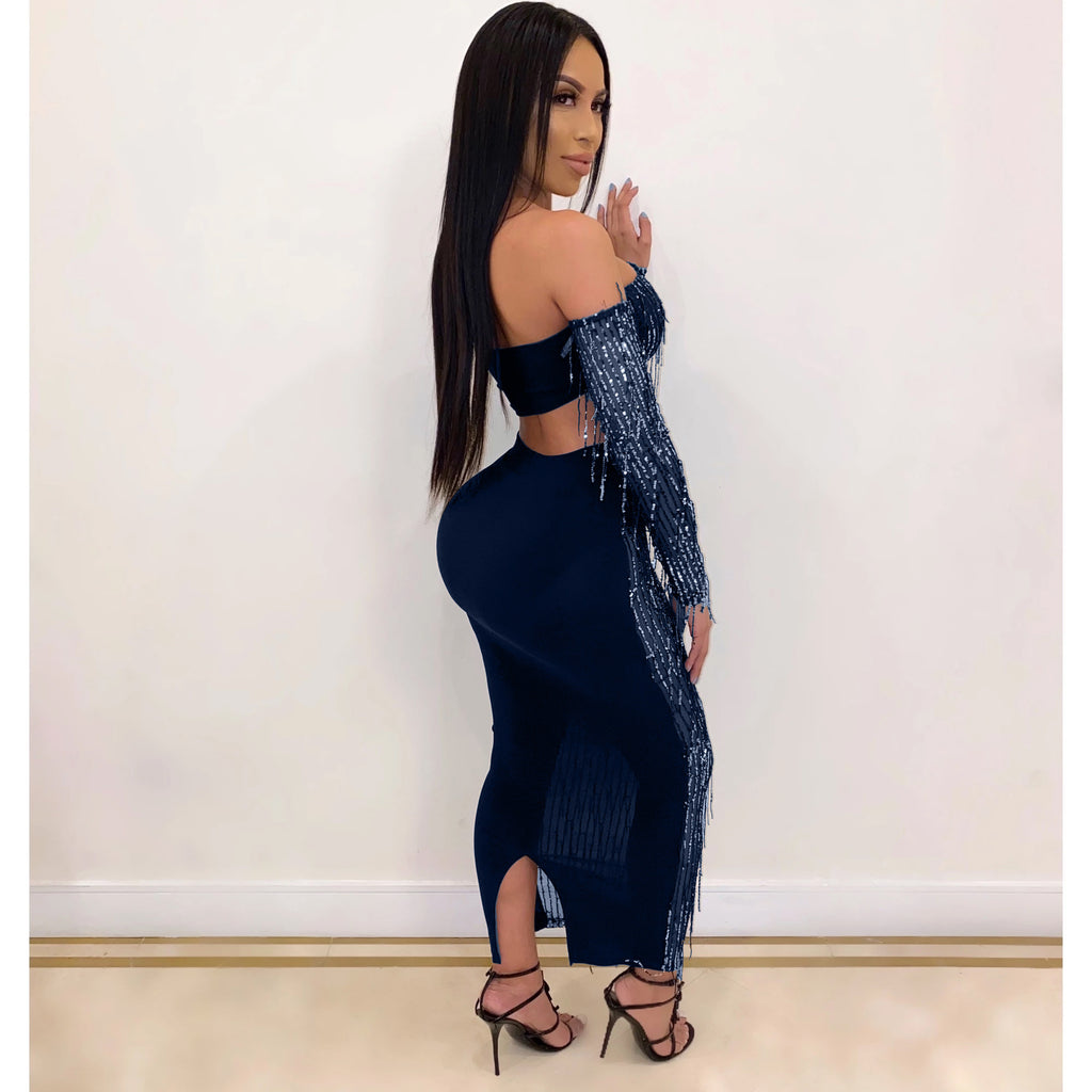 Mode Sexy See-through Mesh Sequins Tassel Ensemble deux pièces