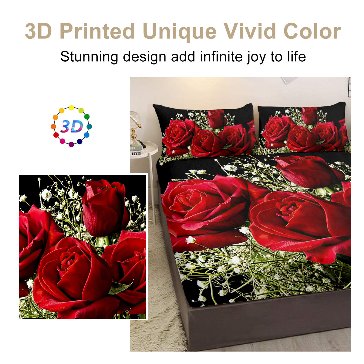 Feuille de lit florale de 3pcs rose