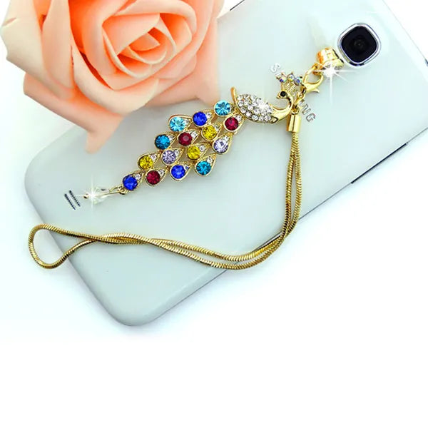 Pendentif de bouchon de poussière de paon en cristal coloré pour téléphone portable 3.5mm Jack