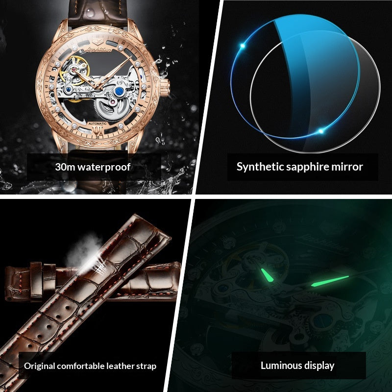 Montre mécanique openwork avec bracelet en cuir imperméable pour hommes