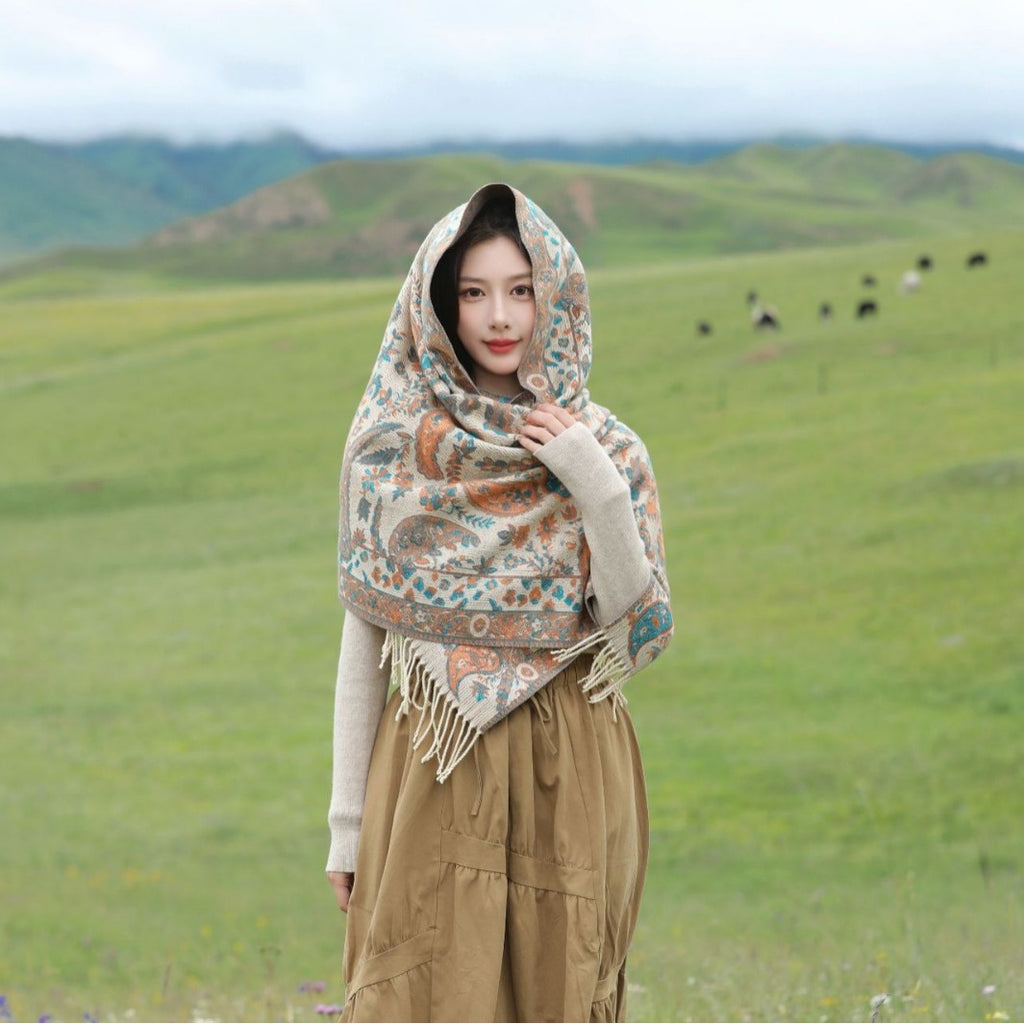 Vêtements de dessus de style ethnique Ankeila Red Faux-cashmere Climatiseur Châl Écharpe