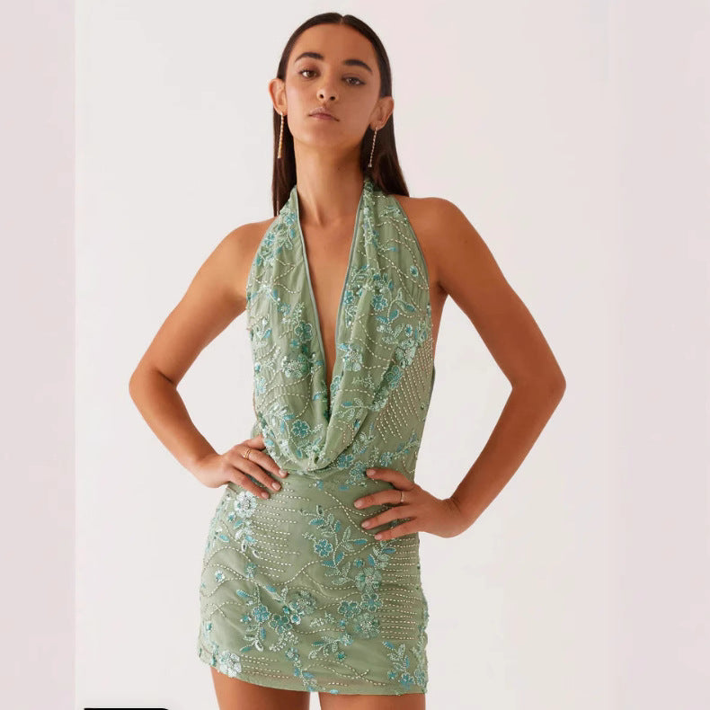 Women's Elegant Halter V-Neck Printed Dress