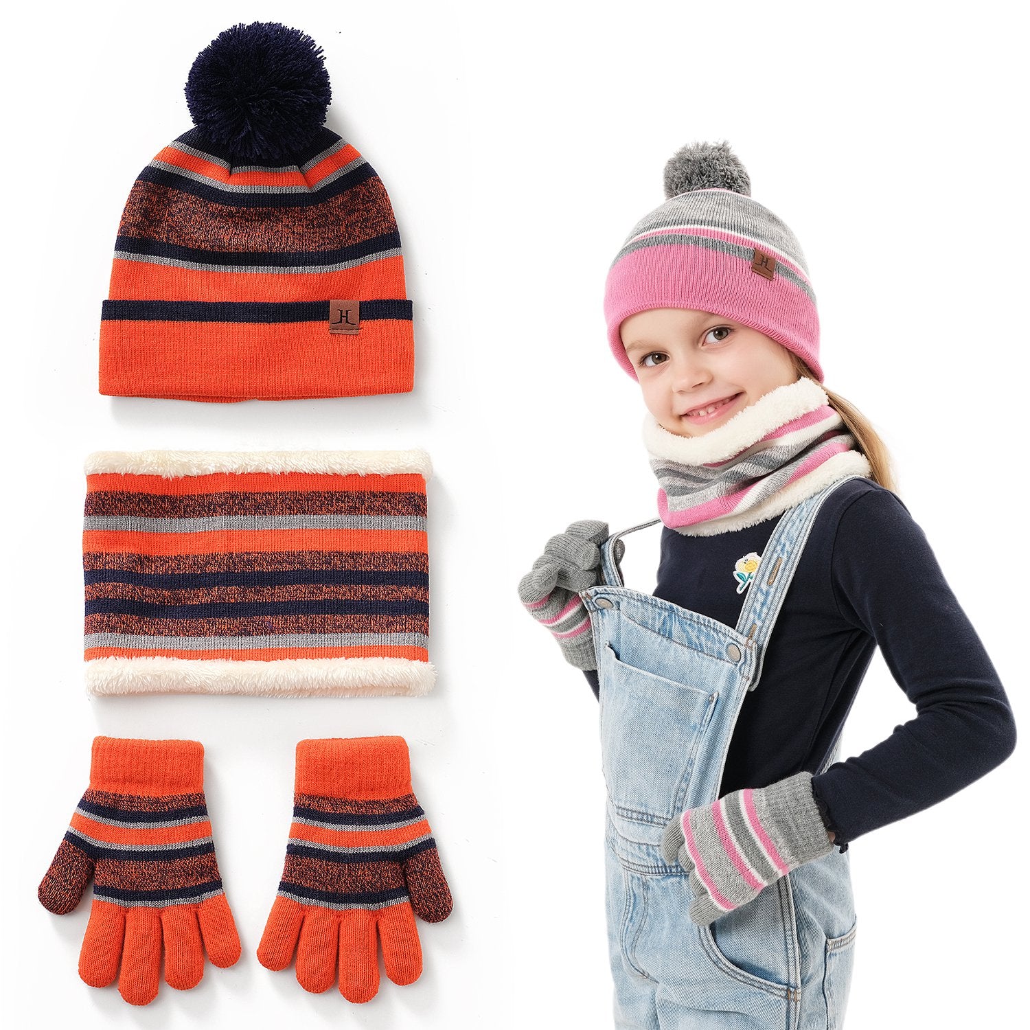 1Set Winter Kids Chapeau tricoté Gants 3Pcs Garçons Filles Bonnet d'hiver chaud Chapeau et Gants