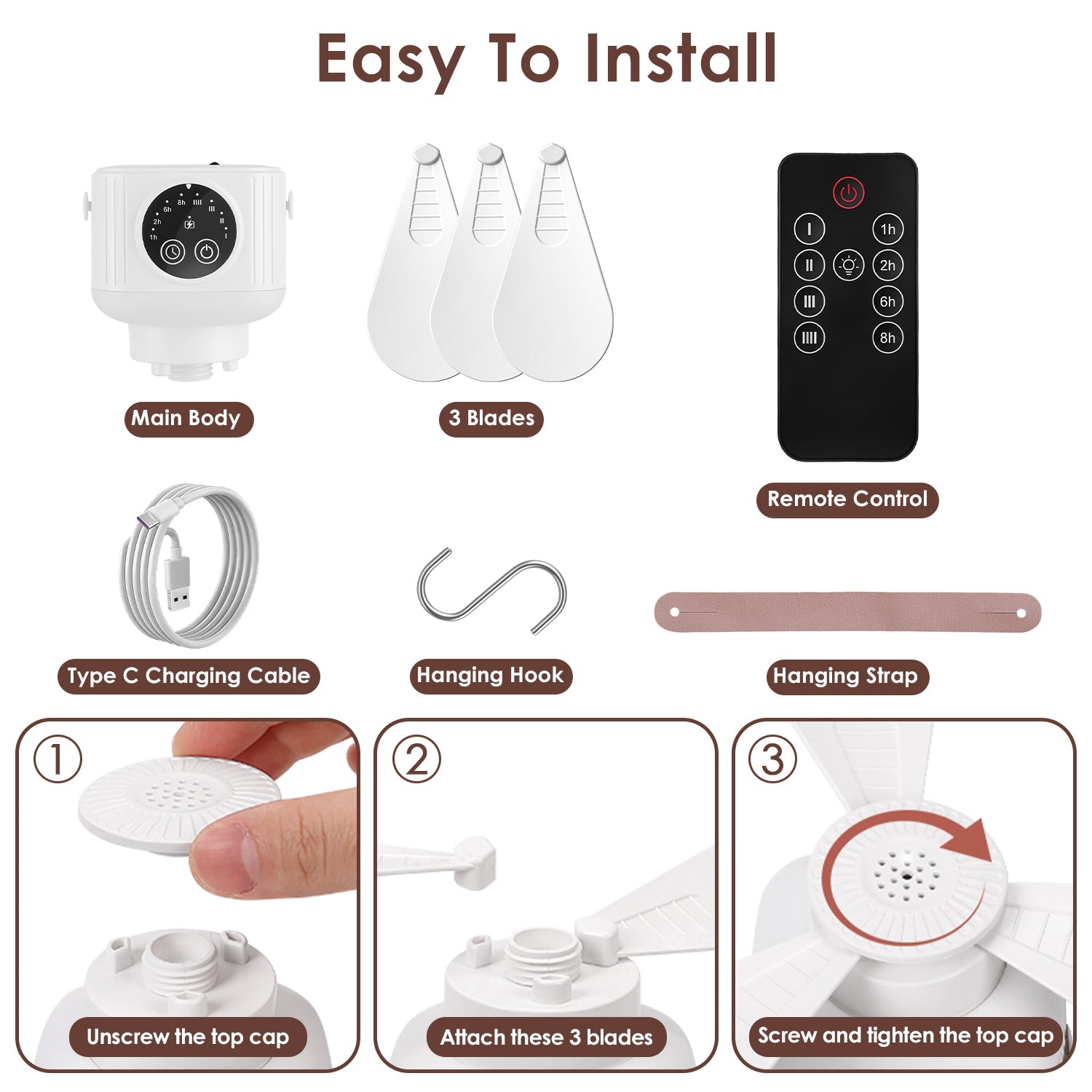 Ventilateur de plafond de tente 1Pc avec lampe 7200mah Batterie rechargeable Eventail suspendu W