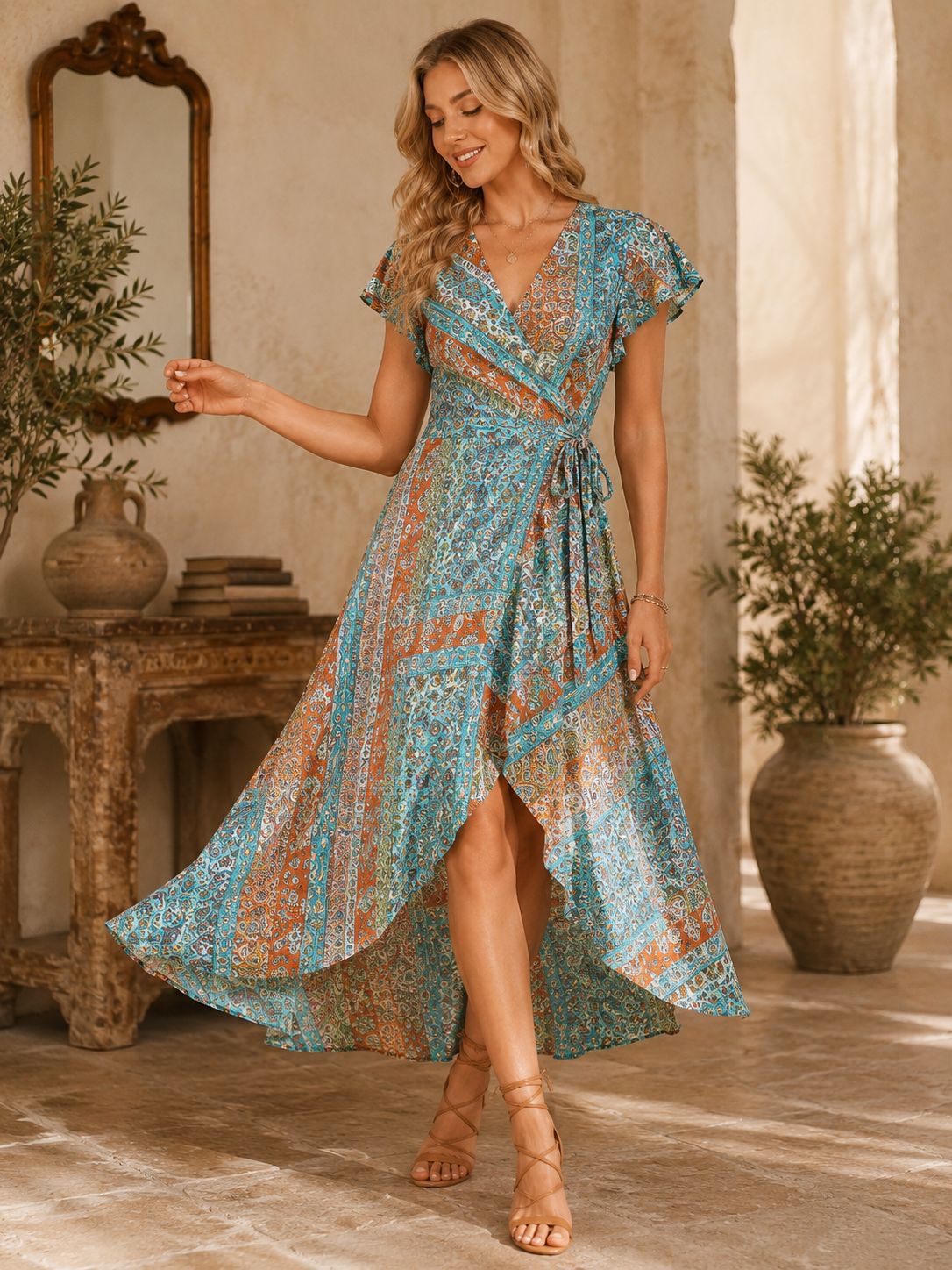 Robe à fente en col V imprimé léopard pour femmes
