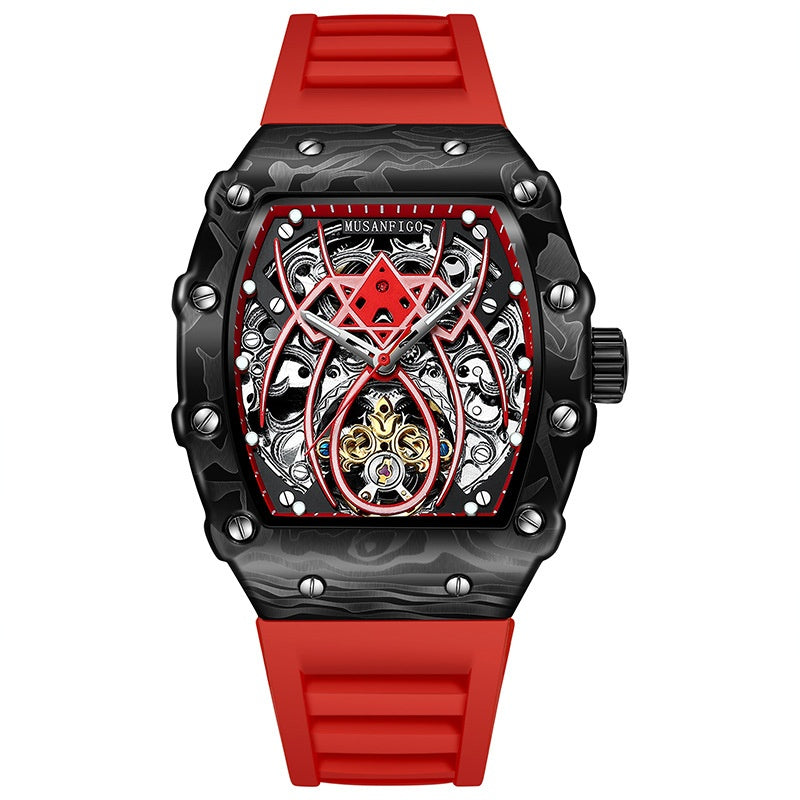En forme de barillet Entièrement automatique mécanique Lumineux Sport Mode Hommes Montre Hollow-out