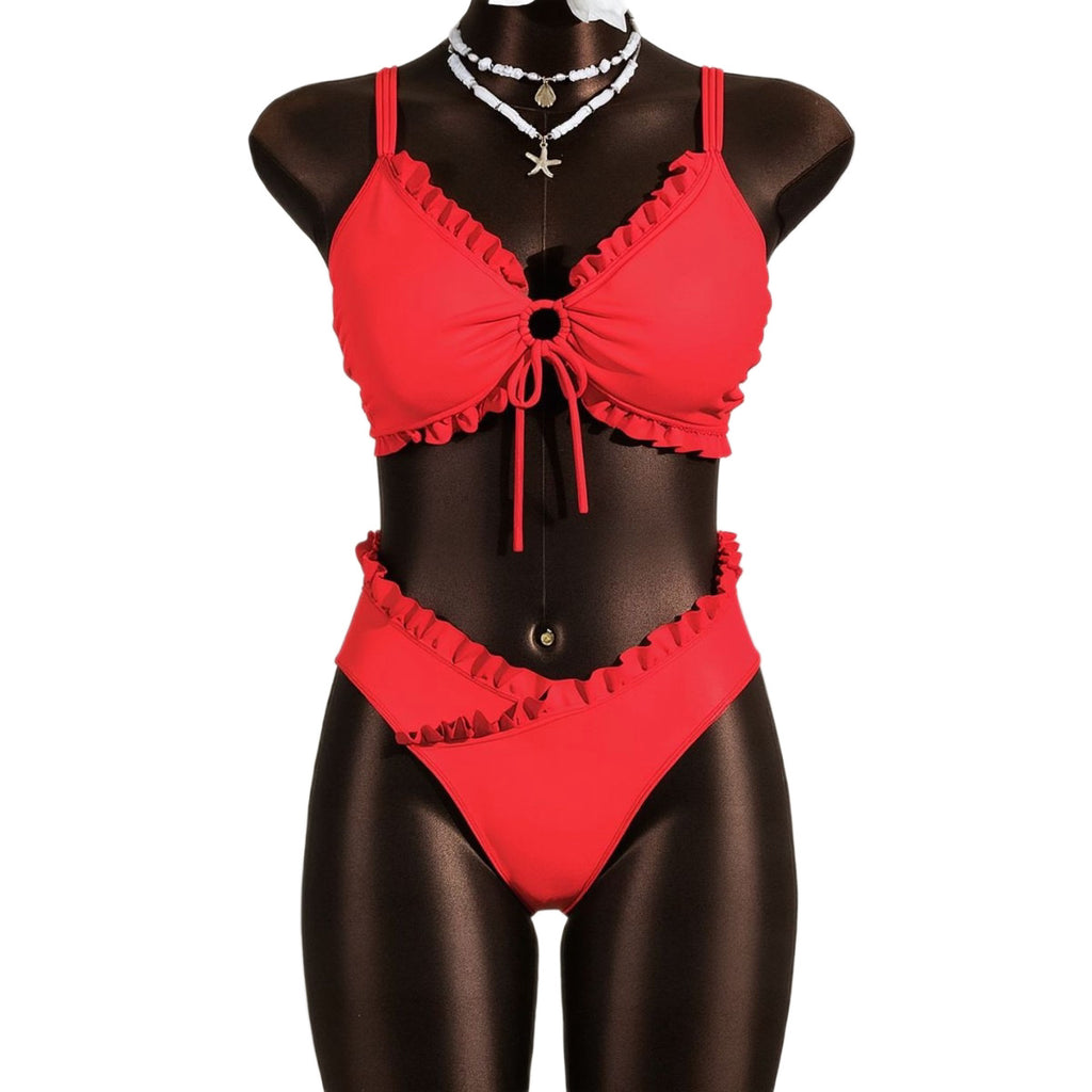 Maillot de bain rouge à deux pièces pour femmes Haute-Taille avec volant