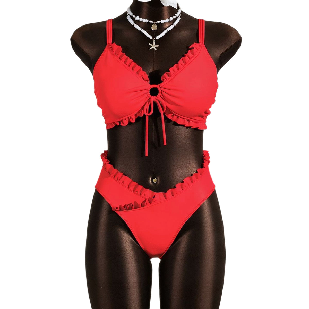 Maillot de bain rouge à deux pièces pour femmes Haute-Taille avec volant