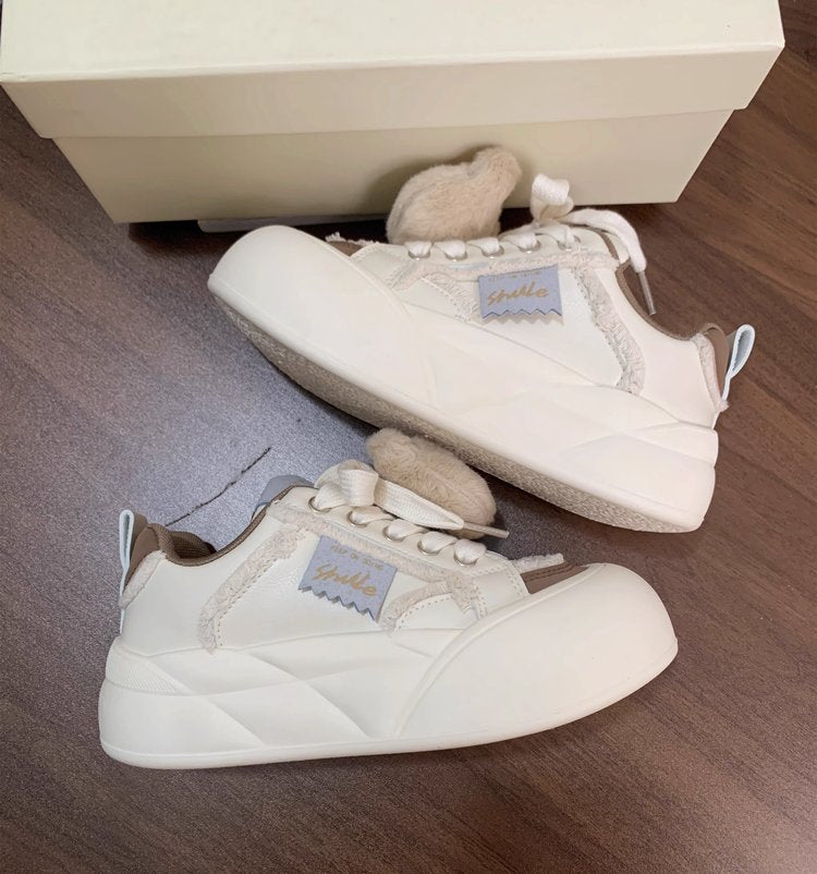 Femmes Kawaii Plush Bear Platform Sneakers Frayed Raw Edge Trim Color Block Splicing Round