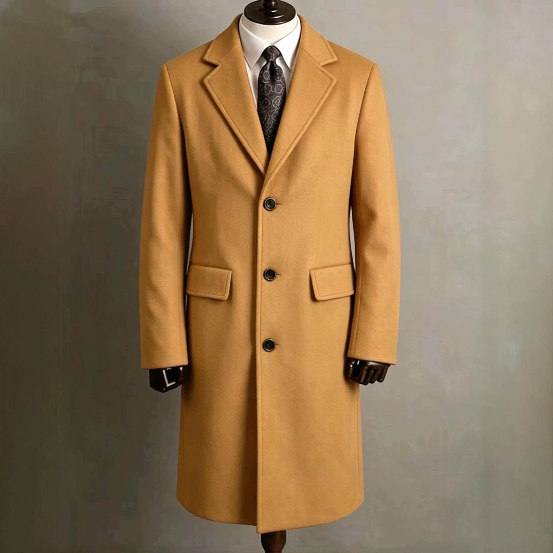 Mens Slim-Fit Trench Longueur Extended-Length Coat with Pocket Flaps