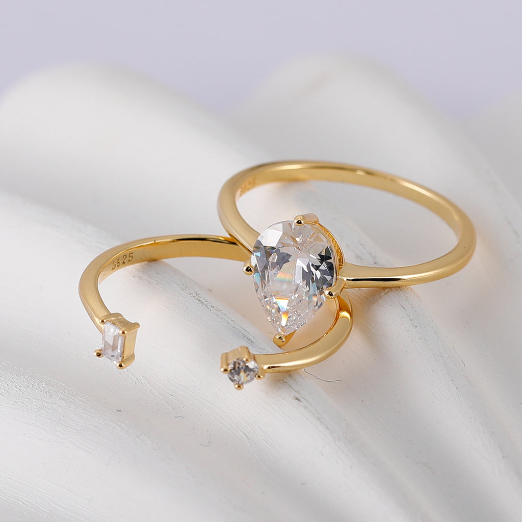 S925 Argent plaqué or 7x10mm Poire Moissanite Bague Set Open Band D Couleur VVS1 US Taille 6-9