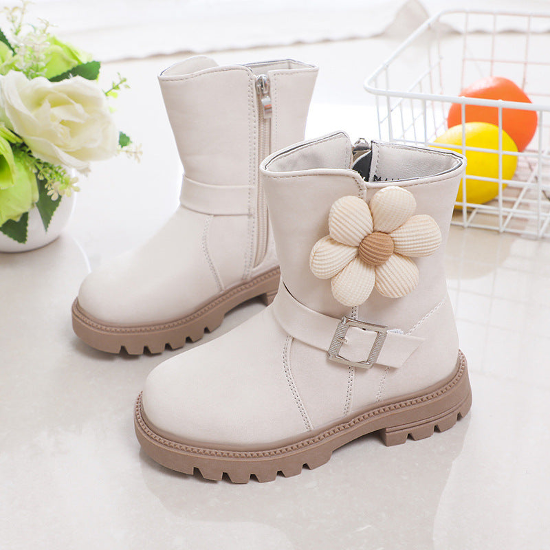 British Style Soft Bottom Western Style Fleurs Bottes en cuir de filles