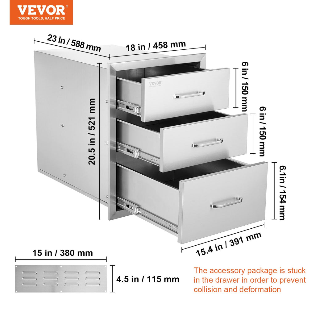 VEVOR 18x20.5 pouces cuisine extérieure en acier inoxydable triple accès BBQ tiroirs avec Chrome H