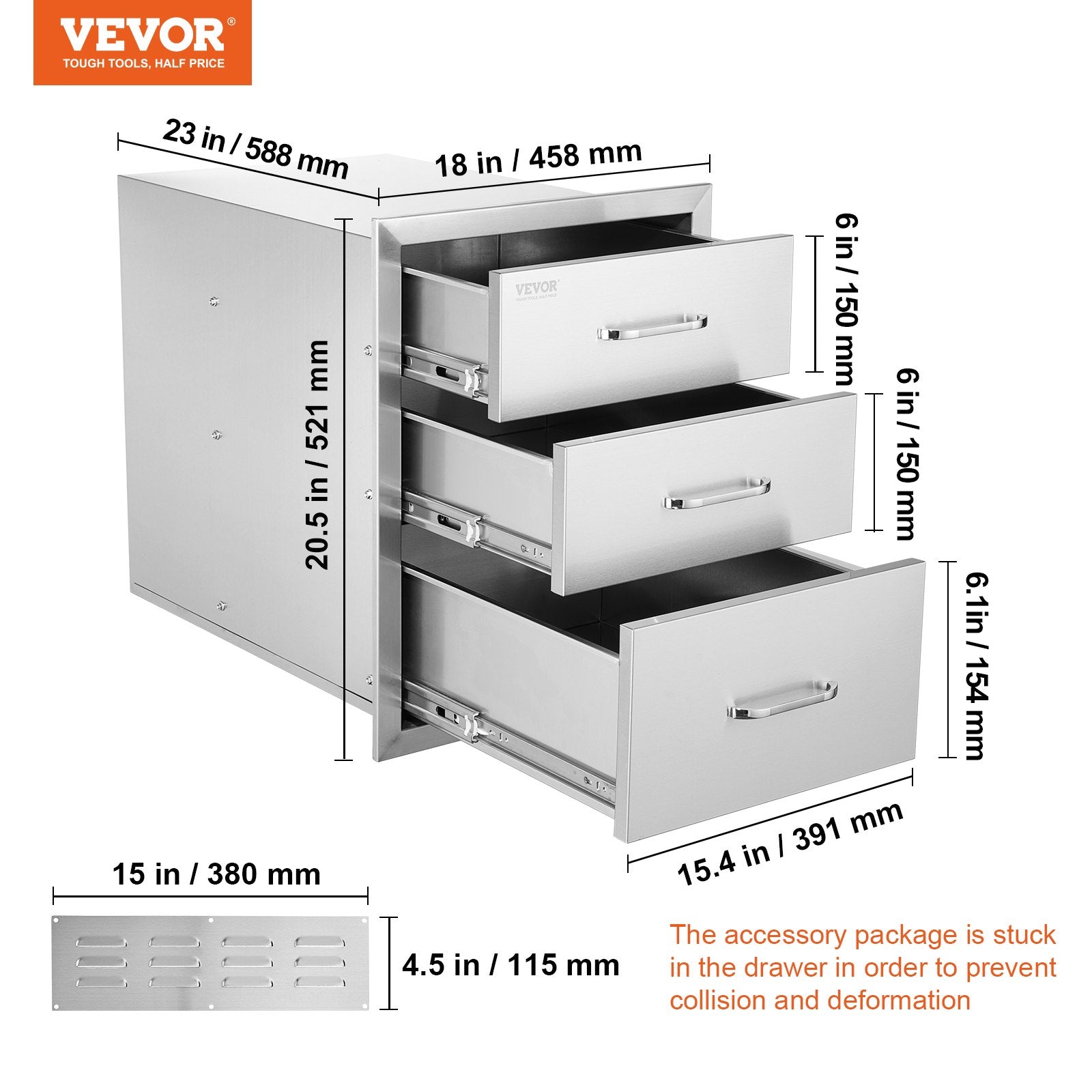 VEVOR 18x20.5 pouces cuisine extérieure en acier inoxydable triple accès BBQ tiroirs avec Chrome H