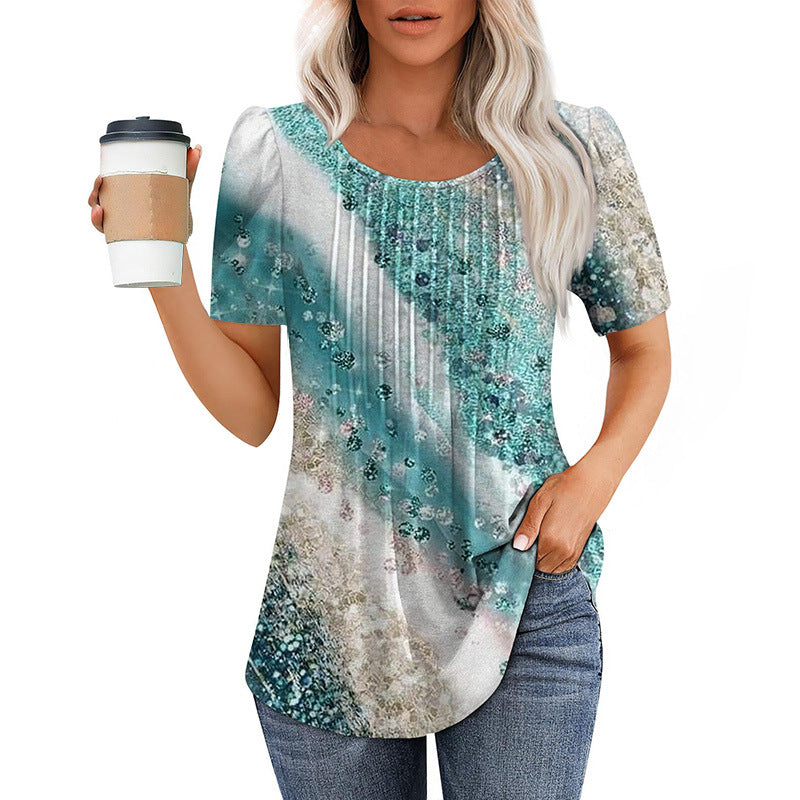 T-shirt à manches courtes à col rond plissé Top femme