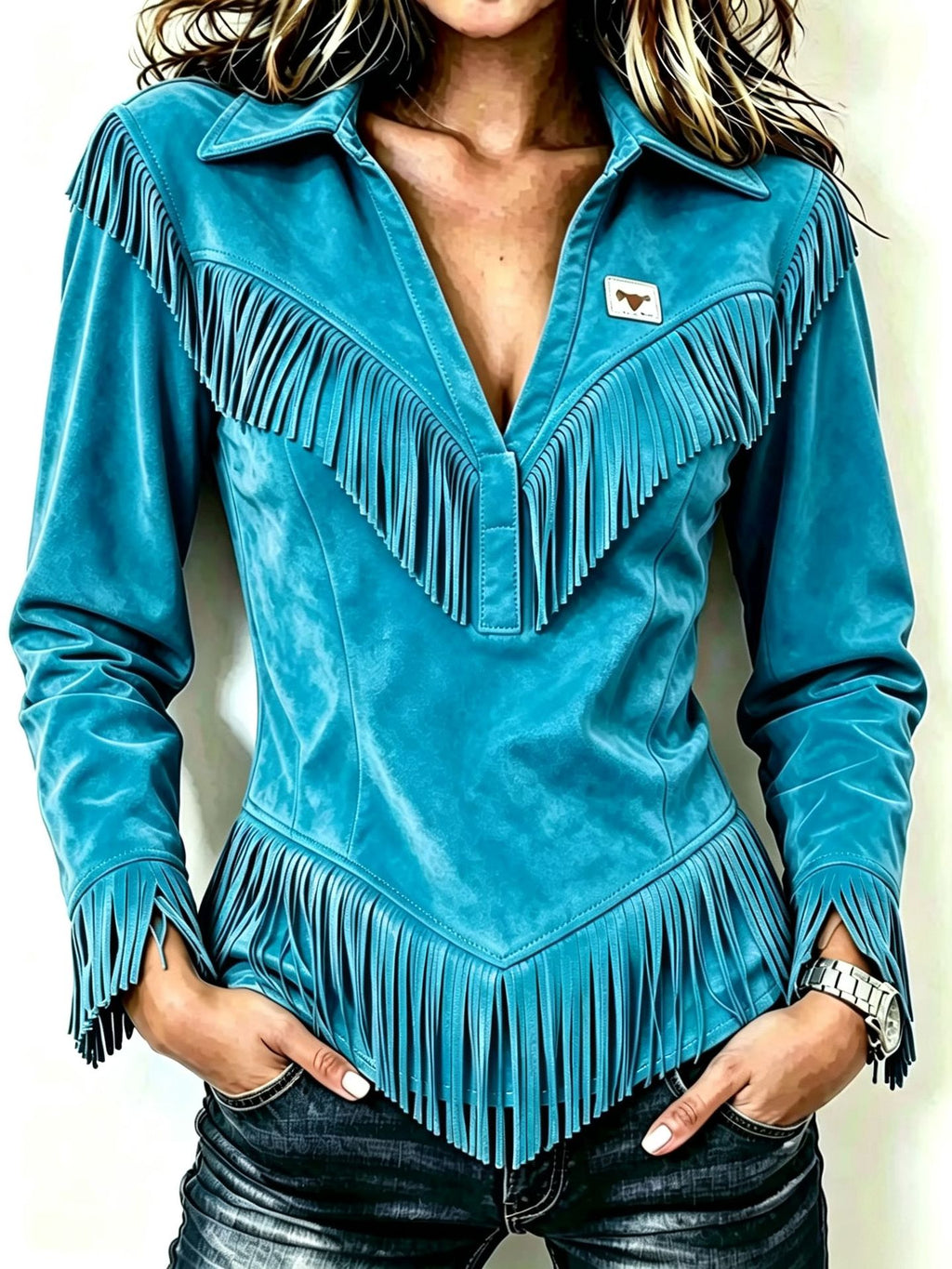 Deerskin Velvet Tassel Slim-fit chemise à manches longues