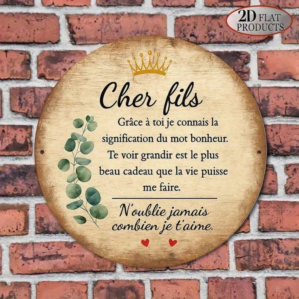 Cher fils Français rond aluminium panneau 8x8in Vintage Wall Art