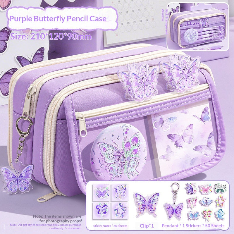 Ensemble de boîtier en crayon violet papillon de grande capacité