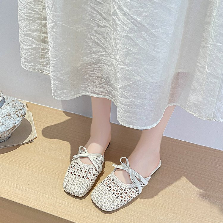 Femmes de style français Appartement orteil fermé Mules Summer Outdoor Hollow Roman Sandales Woven Gorge