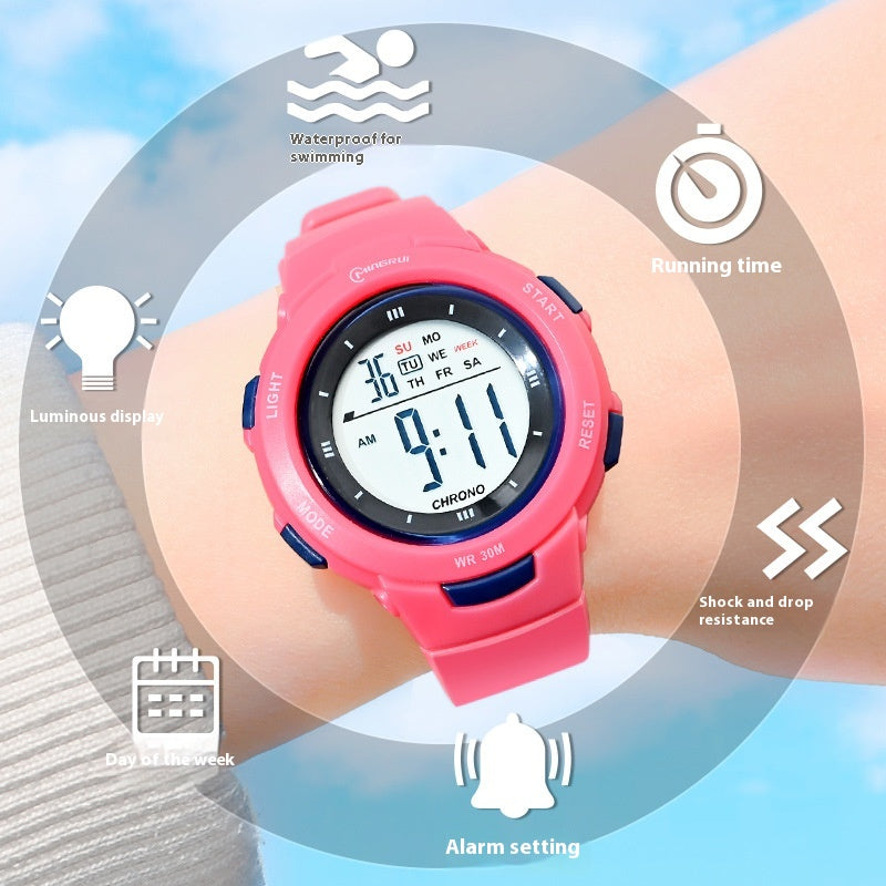 Fashion épingle boucle lumineuse imperméable PU strap Student Montre électronique